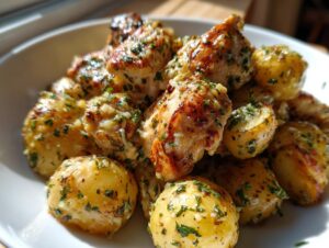 Golden brown pieces of garlic parmesan chicken and small roasted potatoes coated in a rich garlic herb sauce.