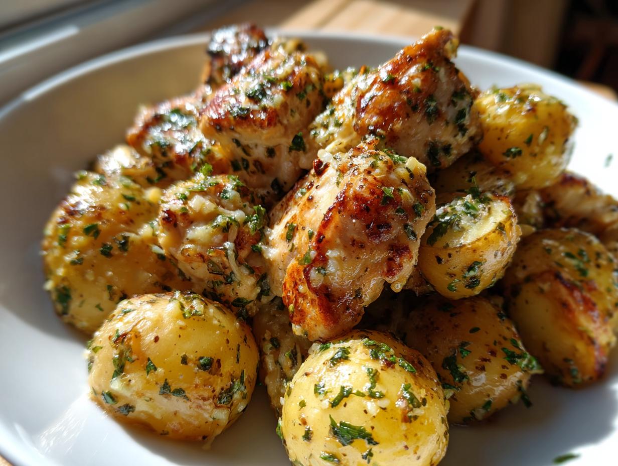 Golden brown pieces of garlic parmesan chicken and small roasted potatoes coated in a rich garlic herb sauce.
