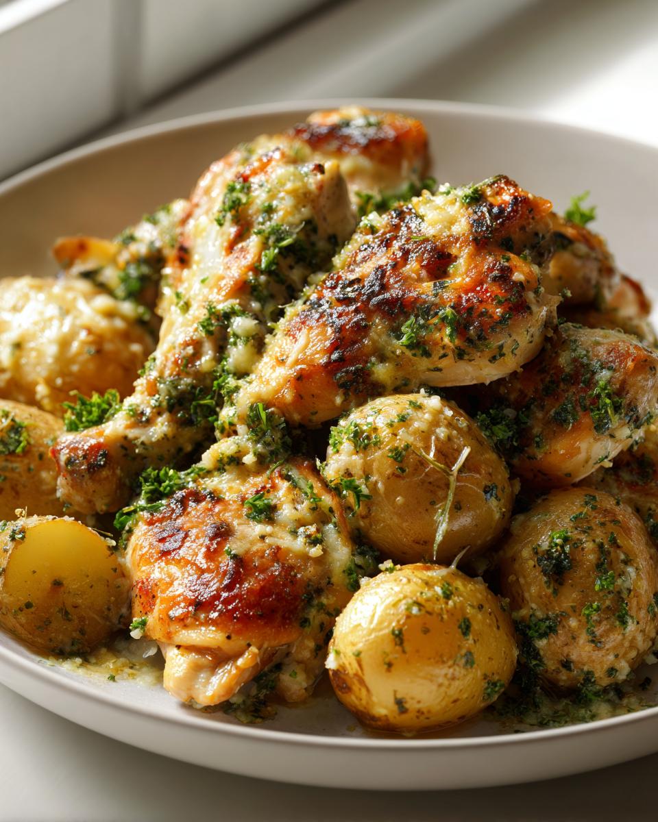 Close-up of baked garlic parmesan chicken and potatoes covered in melted cheese and fresh parsley.