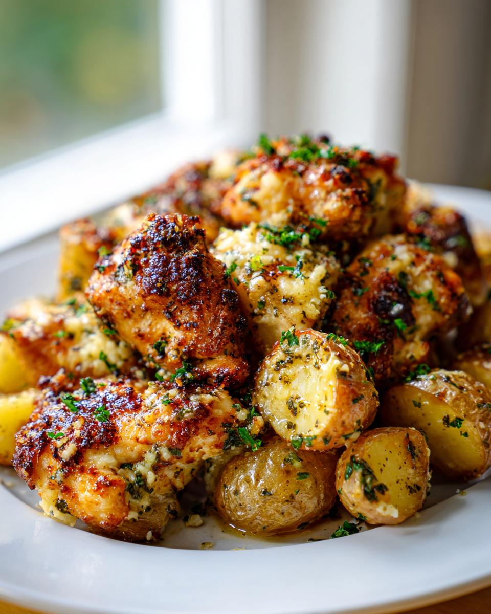 Close-up of golden brown garlic parmesan chicken and potatoes seasoned with herbs on a white plate.