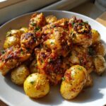 A white platter filled with golden brown garlic parmesan chicken and roasted baby potatoes, garnished with parsley.
