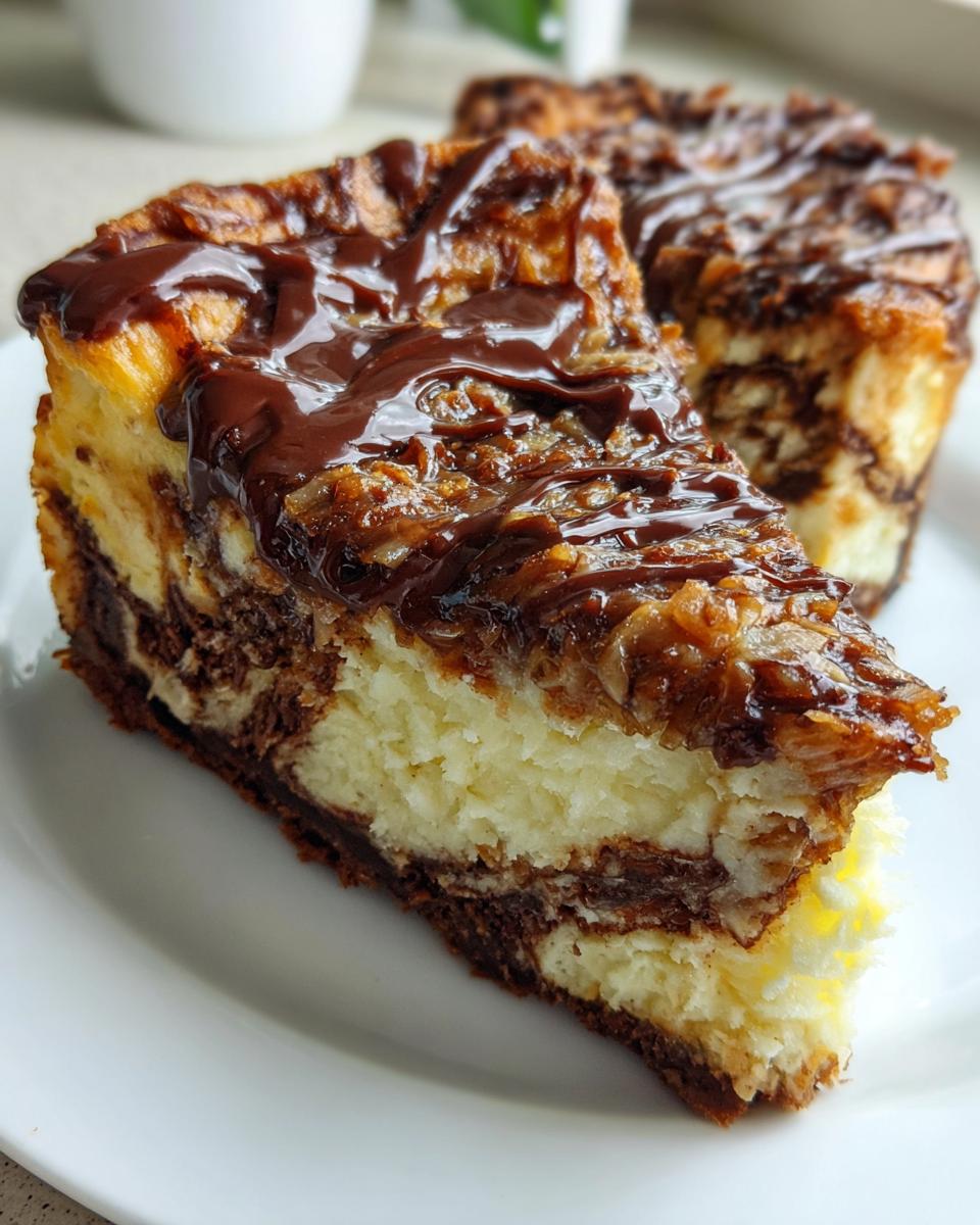 Close-up of a rich slice of German chocolate cheesecake with marbled layers and coconut pecan topping.