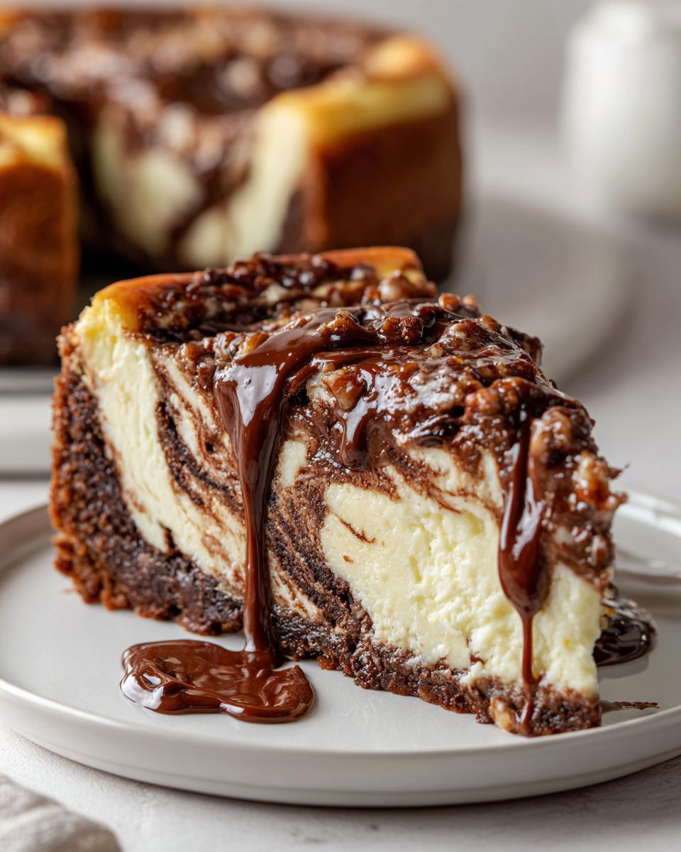 A decadent slice of German chocolate cheesecake with a marbled interior and thick chocolate pecan topping being drizzled.