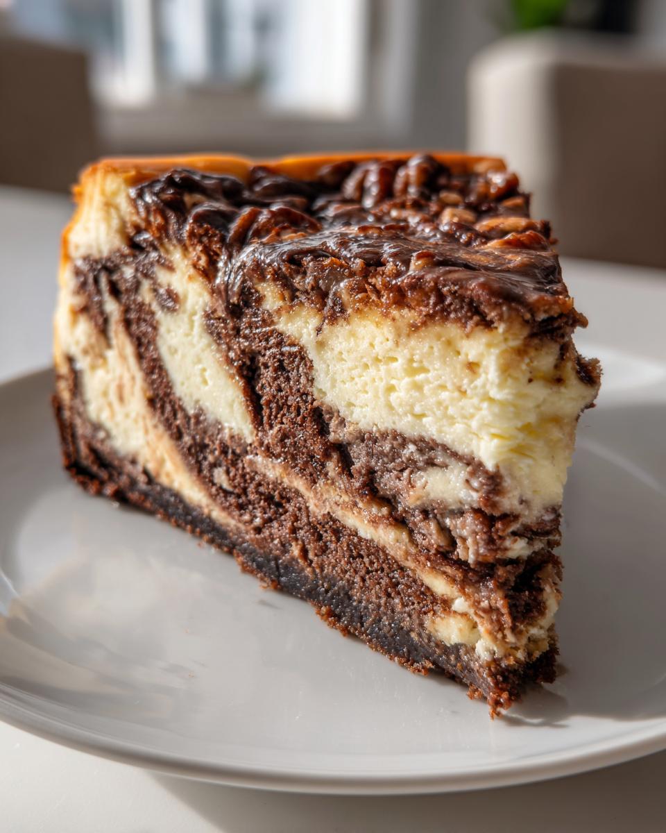A thick slice of German Chocolate Cheesecake showing marbled layers of dark chocolate cake and creamy cheesecake, topped with coconut pecan frosting.