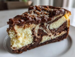 Close-up of a rich slice of German chocolate cheesecake with marbled layers and coconut-pecan topping.