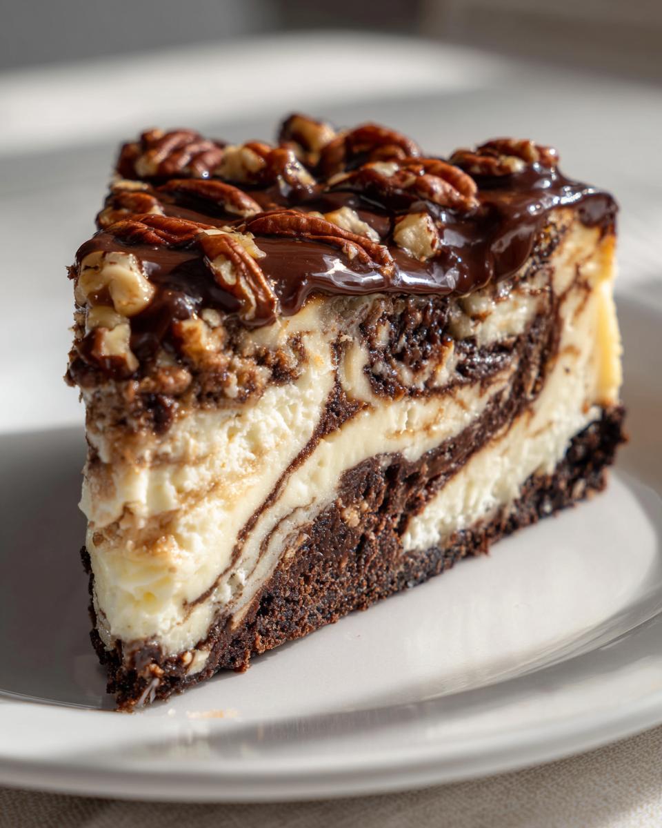 A decadent slice of German chocolate cheesecake showing marbled layers, topped with chocolate glaze and pecans.
