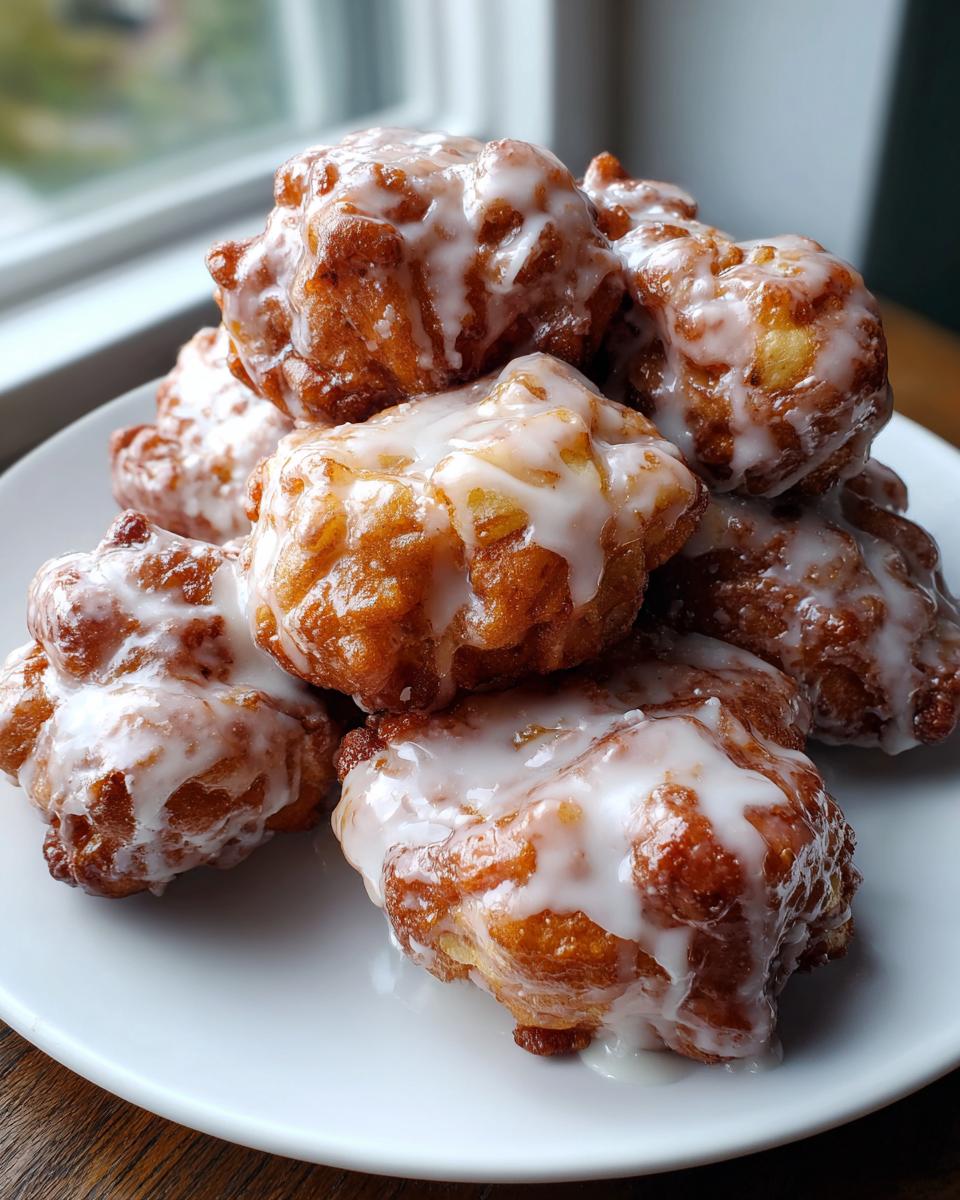 A stack of golden brown, irregularly shaped apple fritter pastries generously drizzled with white glaze.