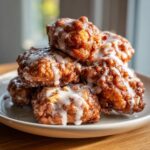 Close-up of a stack of golden brown, glazed apple fritter bites piled high on a light-colored plate.