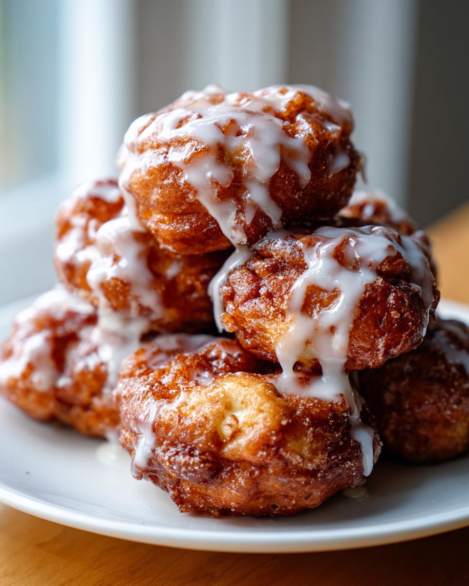 A tempting stack of golden brown, freshly fried apple fritter pieces drizzled generously with white glaze.