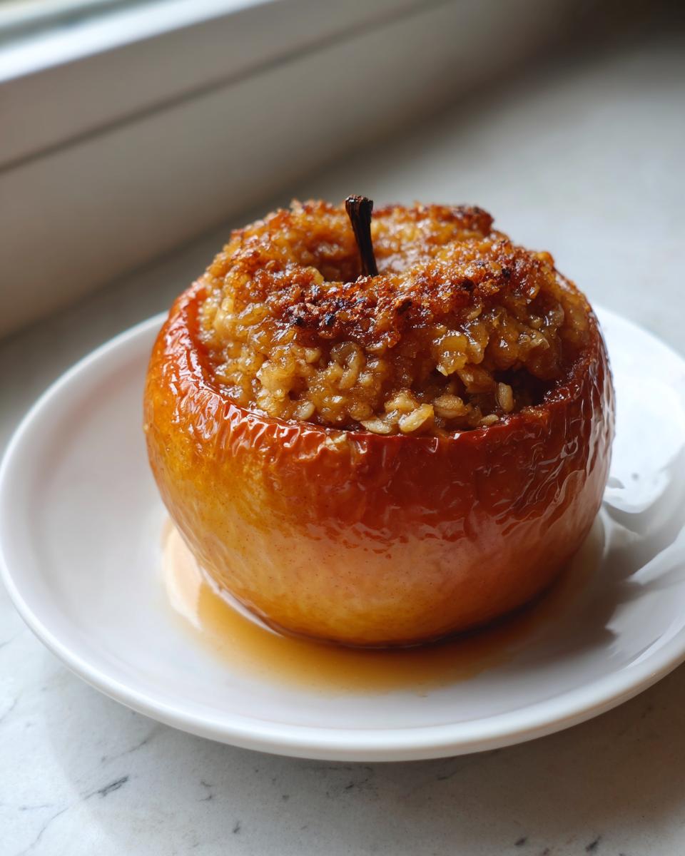 A single, glistening baked apples dessert served on a white plate with caramelized juices pooling underneath.