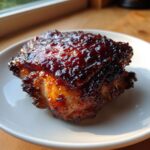 Close-up of a perfectly cooked piece of bbq chicken with a thick, glossy, dark glaze resting on a white plate.