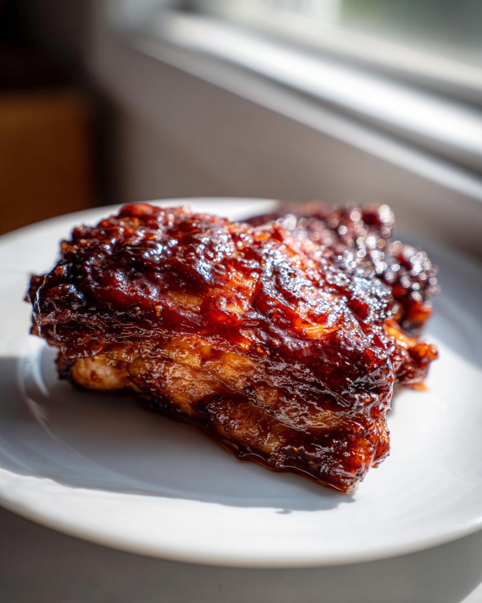 Close-up of a piece of tender bbq chicken heavily coated in a thick, glossy, dark red barbecue sauce.