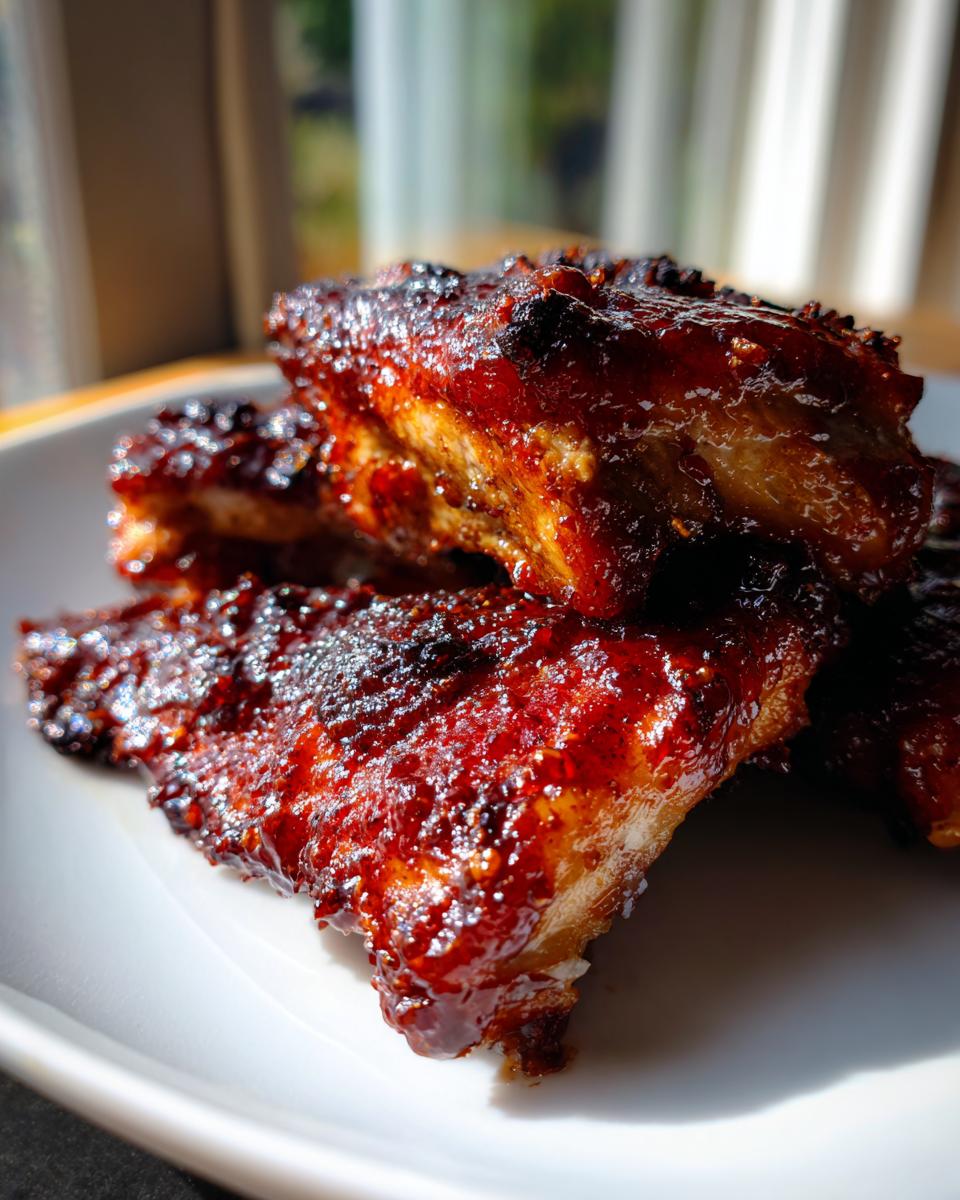 Close-up of richly glazed, caramelized bbq chicken pieces piled on a white plate, catching the sunlight.