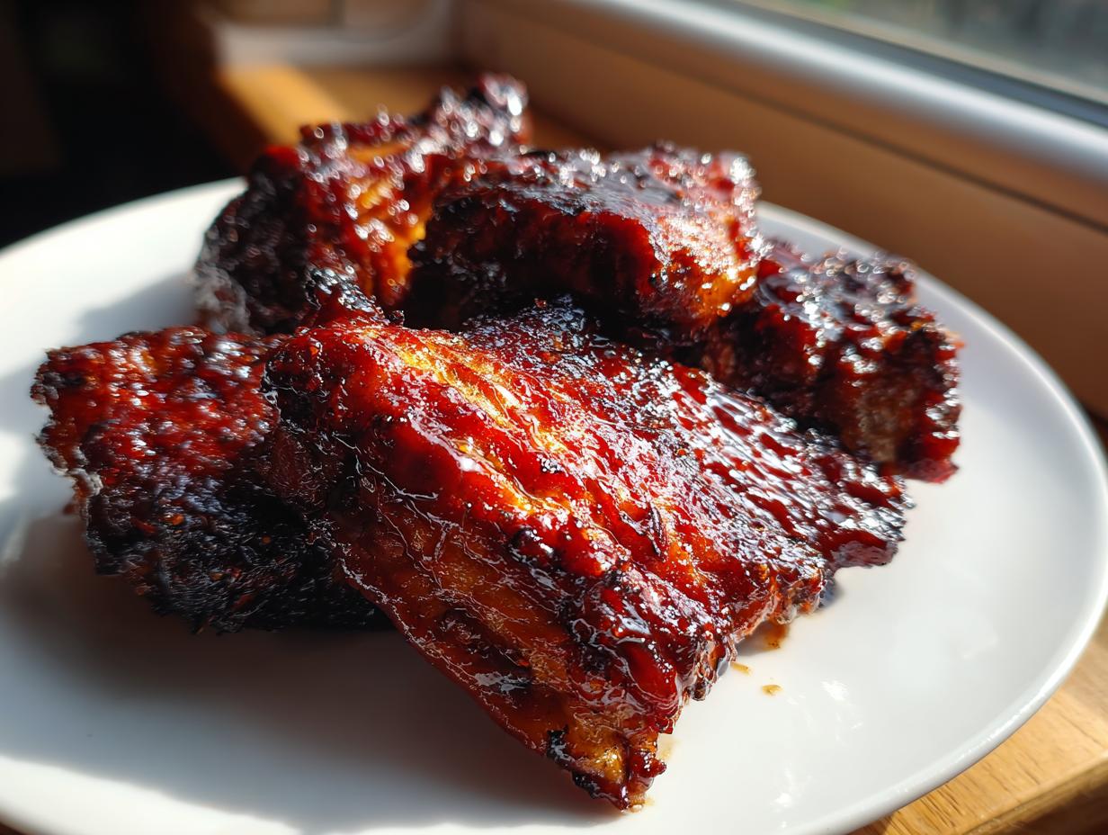 Close-up of several pieces of sticky, glazed bbq chicken served on a white plate, catching the sunlight.