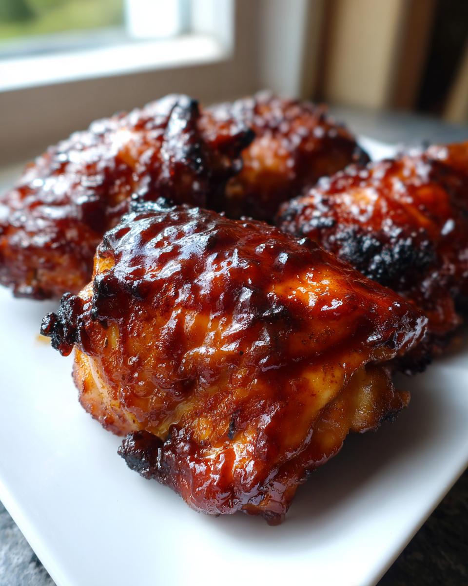 Close-up of several pieces of juicy bbq chicken coated in thick, glossy sauce on a white plate.