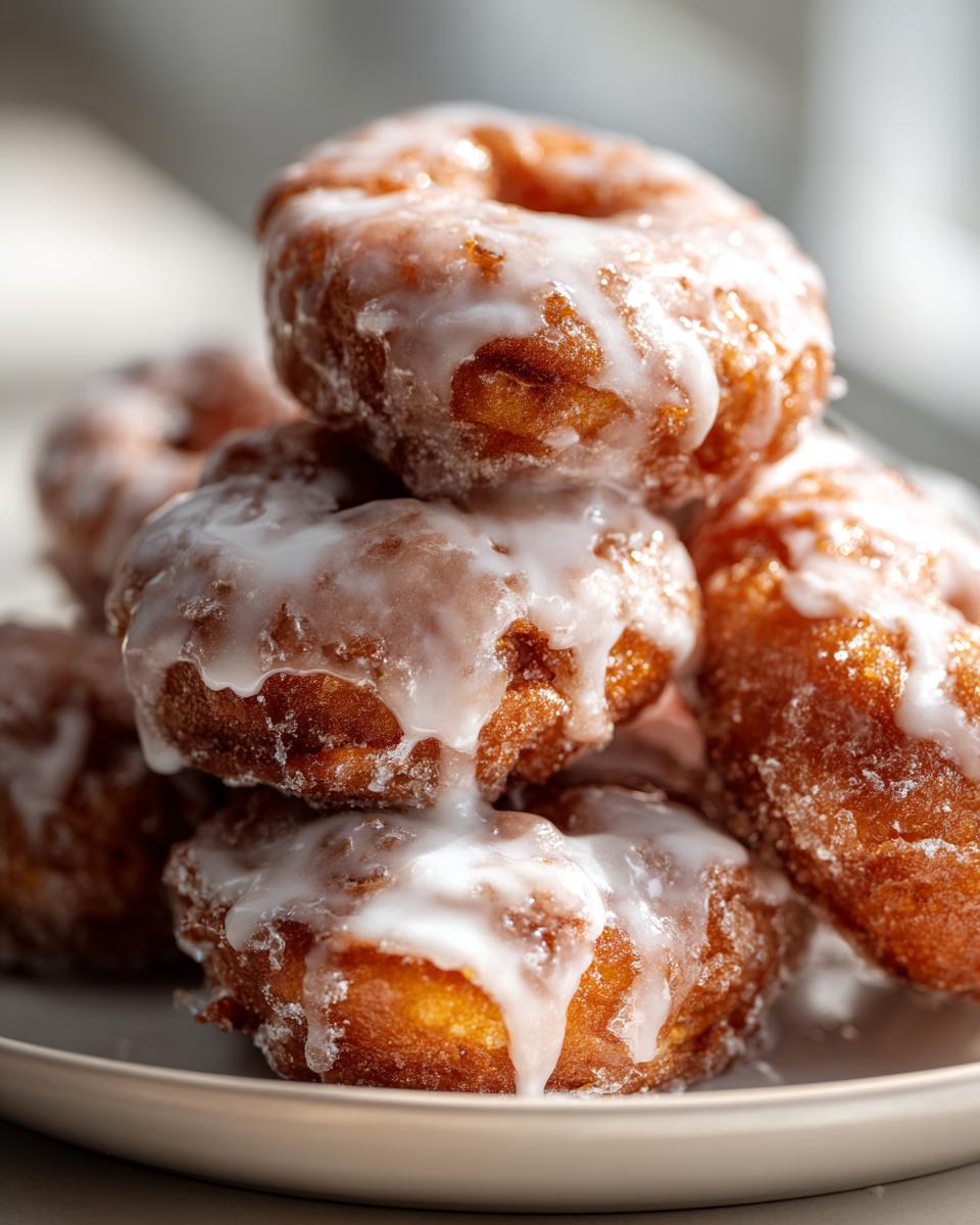 A close-up stack of golden brown, freshly fried apple fritter donuts covered in thick white glaze.