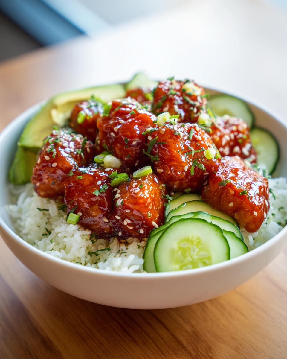 Close-up of a white bowl containing rice topped with glazed protein pieces, sliced cucumber, and avocado, reminiscent of salmon bowls.