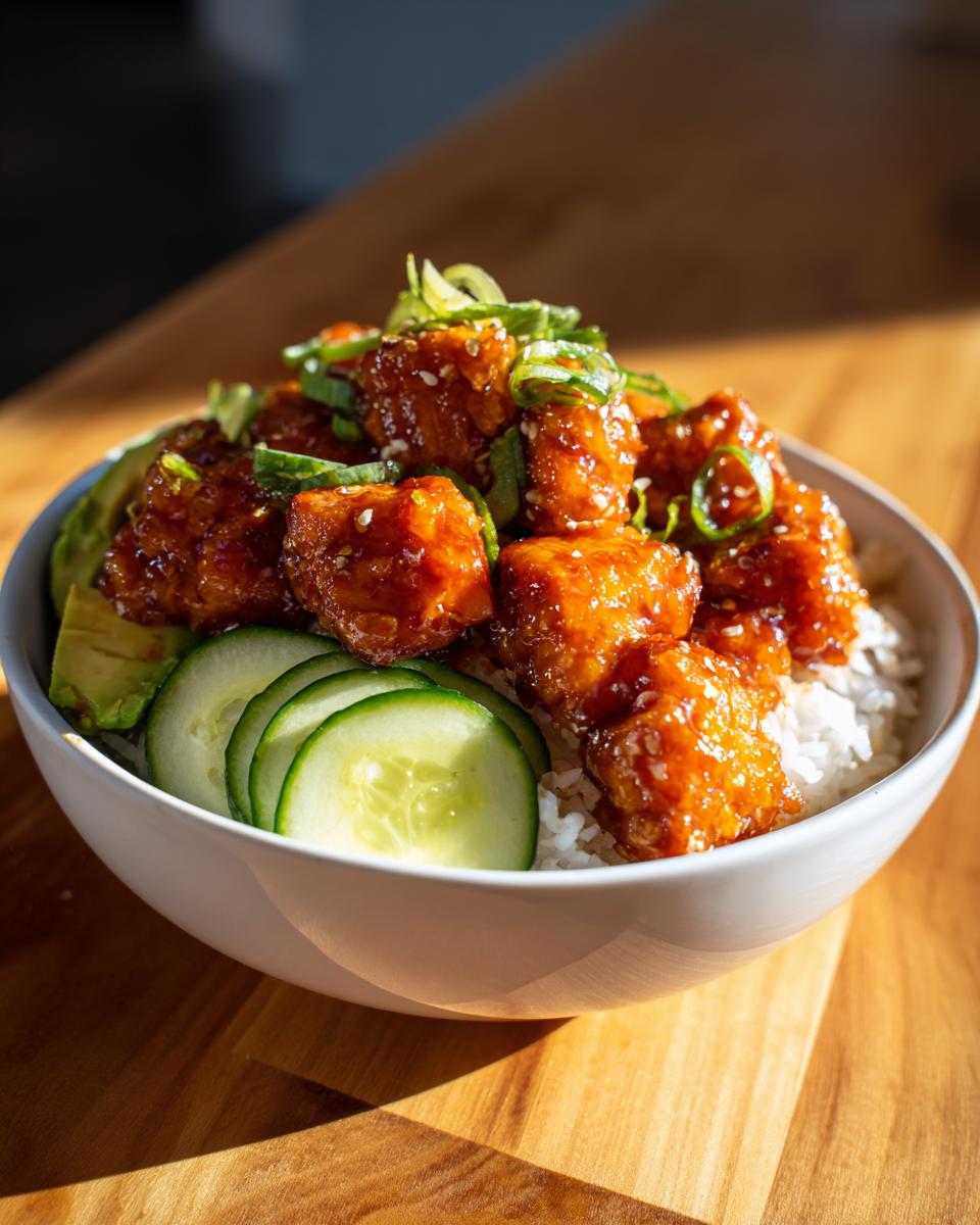 Close-up of a white bowl filled with rice, topped with glazed protein cubes, sliced cucumbers, avocado, and green onions for salmon bowls.