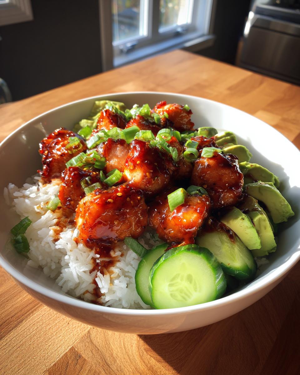 A white bowl filled with rice, glazed protein pieces, sliced avocado, and cucumber, resembling a salmon bowls preparation.