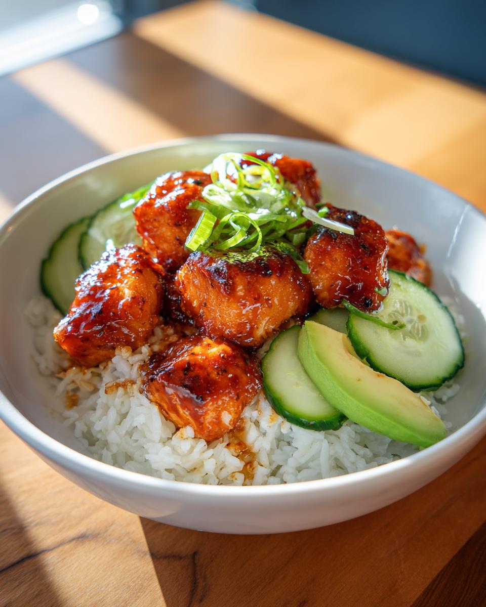 Close-up of glazed salmon bites served over white rice with sliced cucumber and avocado in salmon bowls.