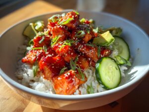 Close-up of glazed, cubed salmon served over white rice in a bowl with avocado and cucumber slices, part of delicious salmon bowls.
