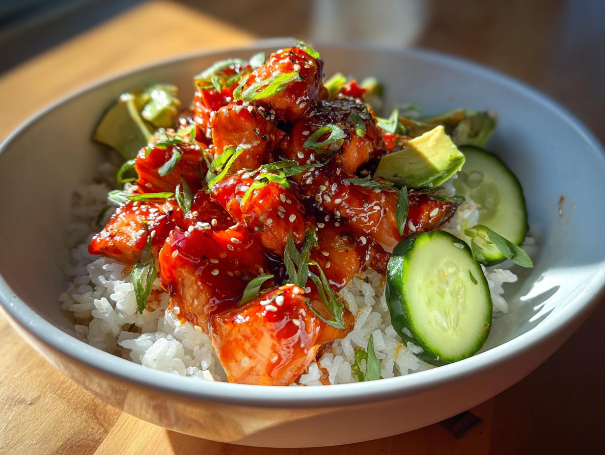 Close-up of glazed, cubed salmon served over white rice in a bowl with avocado and cucumber slices, part of delicious salmon bowls.