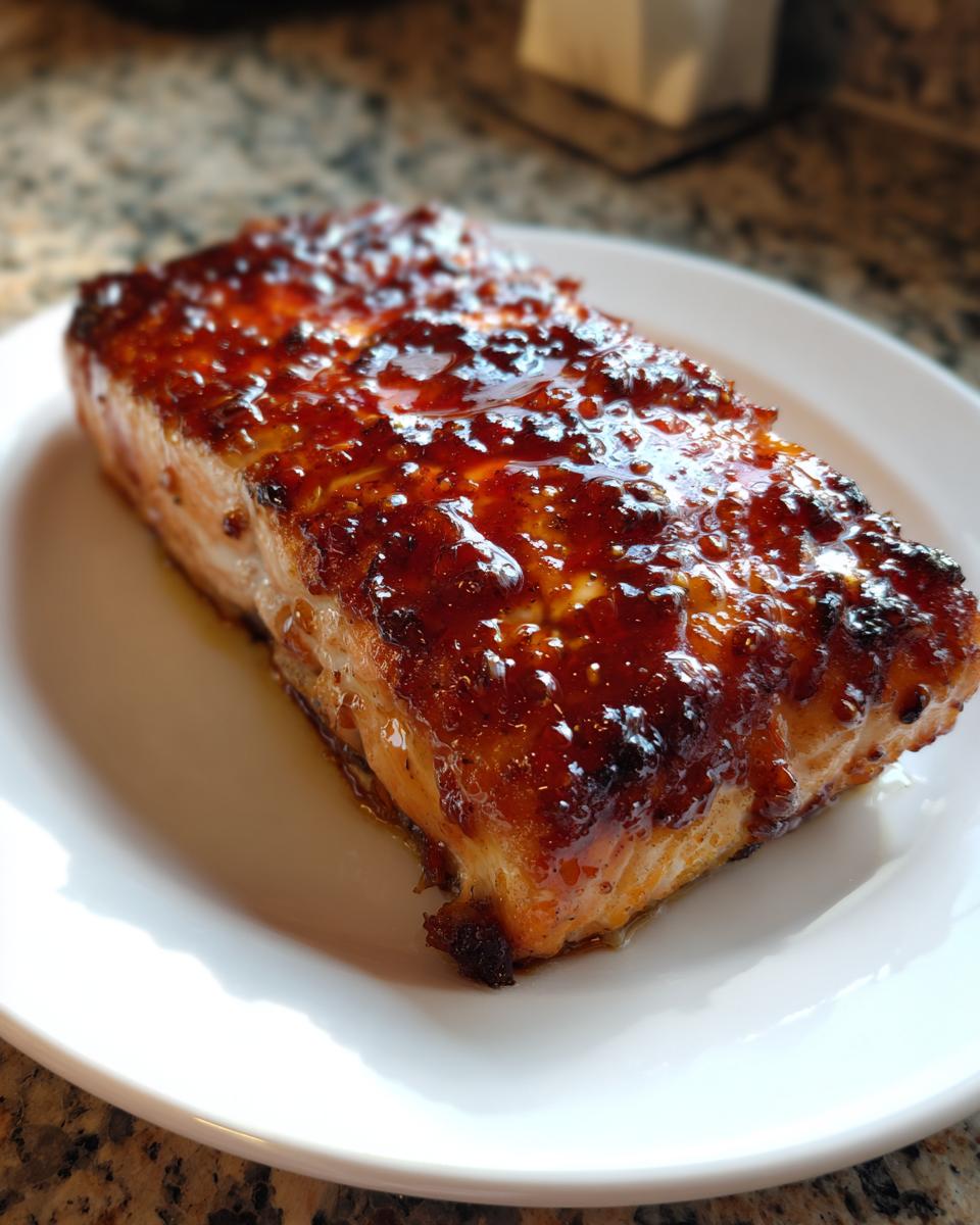 A perfectly cooked fillet of salmon covered in a thick, shiny, dark amber glaze, served on a white plate.