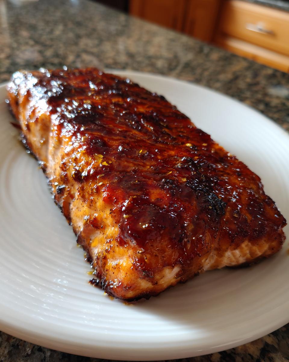 A perfectly cooked, thick fillet of salmon covered in a dark, shiny glaze, resting on a white plate.