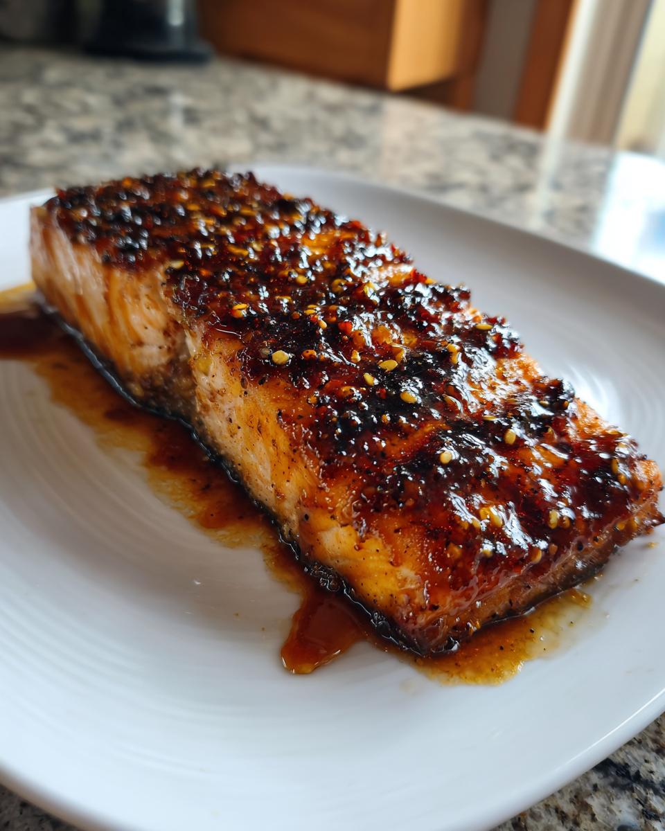 Close-up of a perfectly cooked salmon fillet with a dark, glossy glaze and sesame seeds.