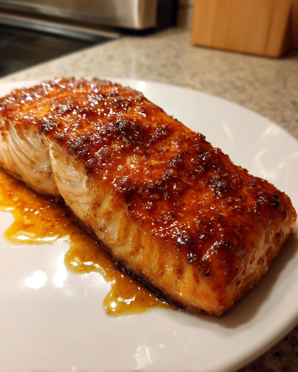 A perfectly cooked, thick fillet of salmon glazed with a sticky, orange sauce, resting on a white plate.
