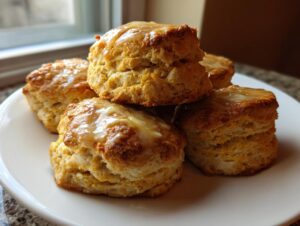 A stack of five golden brown sweet potato biscuits topped with a shiny glaze, resting on a white plate.