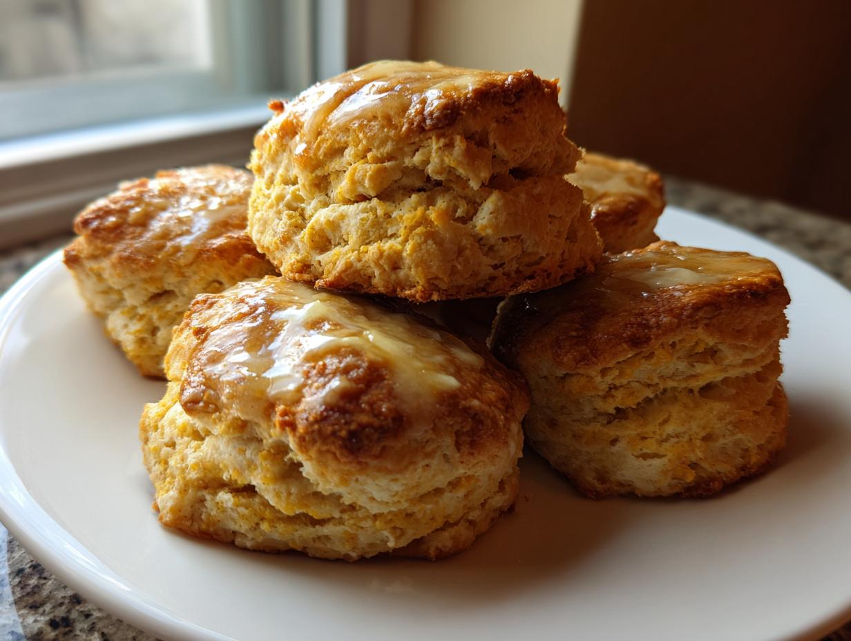A stack of five golden brown sweet potato biscuits topped with a shiny glaze, resting on a white plate.