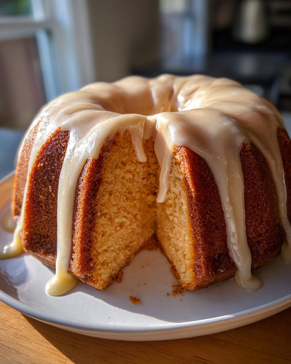 A beautiful, moist sweet potato pound cake with thick vanilla glaze dripping down the sides, sitting on a white plate.
