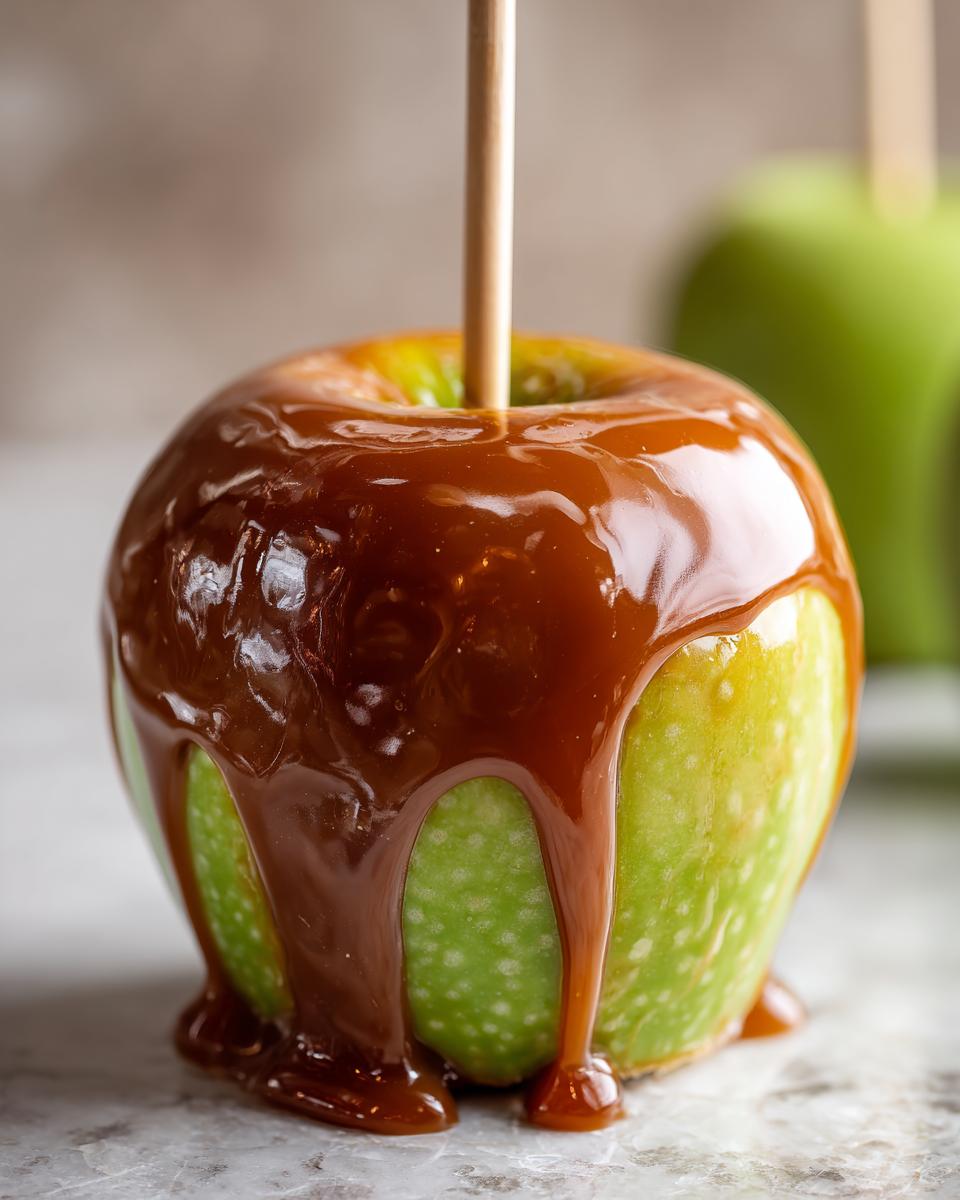 Close-up of a glossy, dripping caramel apple on a wooden stick, set against a light background.