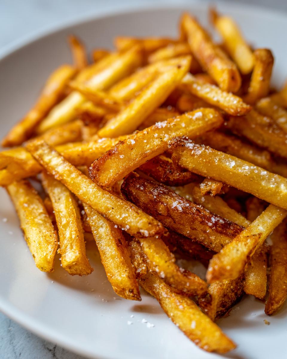 Close-up of perfectly golden, crispy air fryer french fries sprinkled with coarse salt.