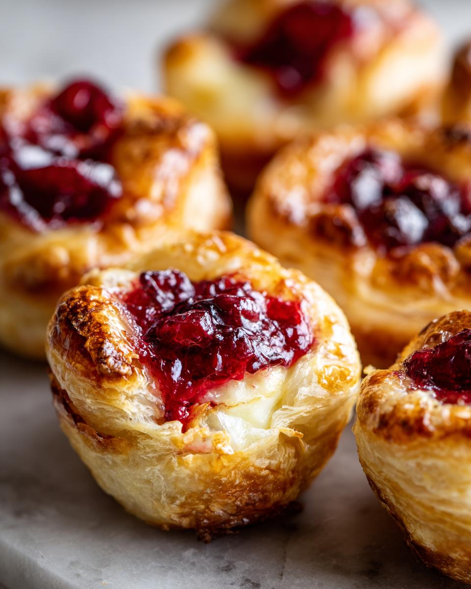 Close-up of flaky pastry cups filled with melted brie cheese and topped with bright red jam, these are delicious brie bites.