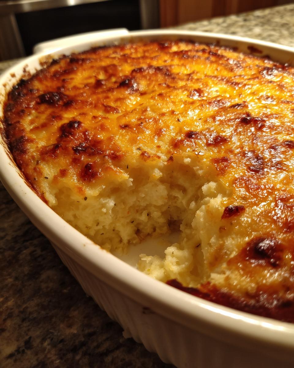 Close-up of creamy baked mashed potatoes with a deeply browned, cheesy crust in a white oval dish.