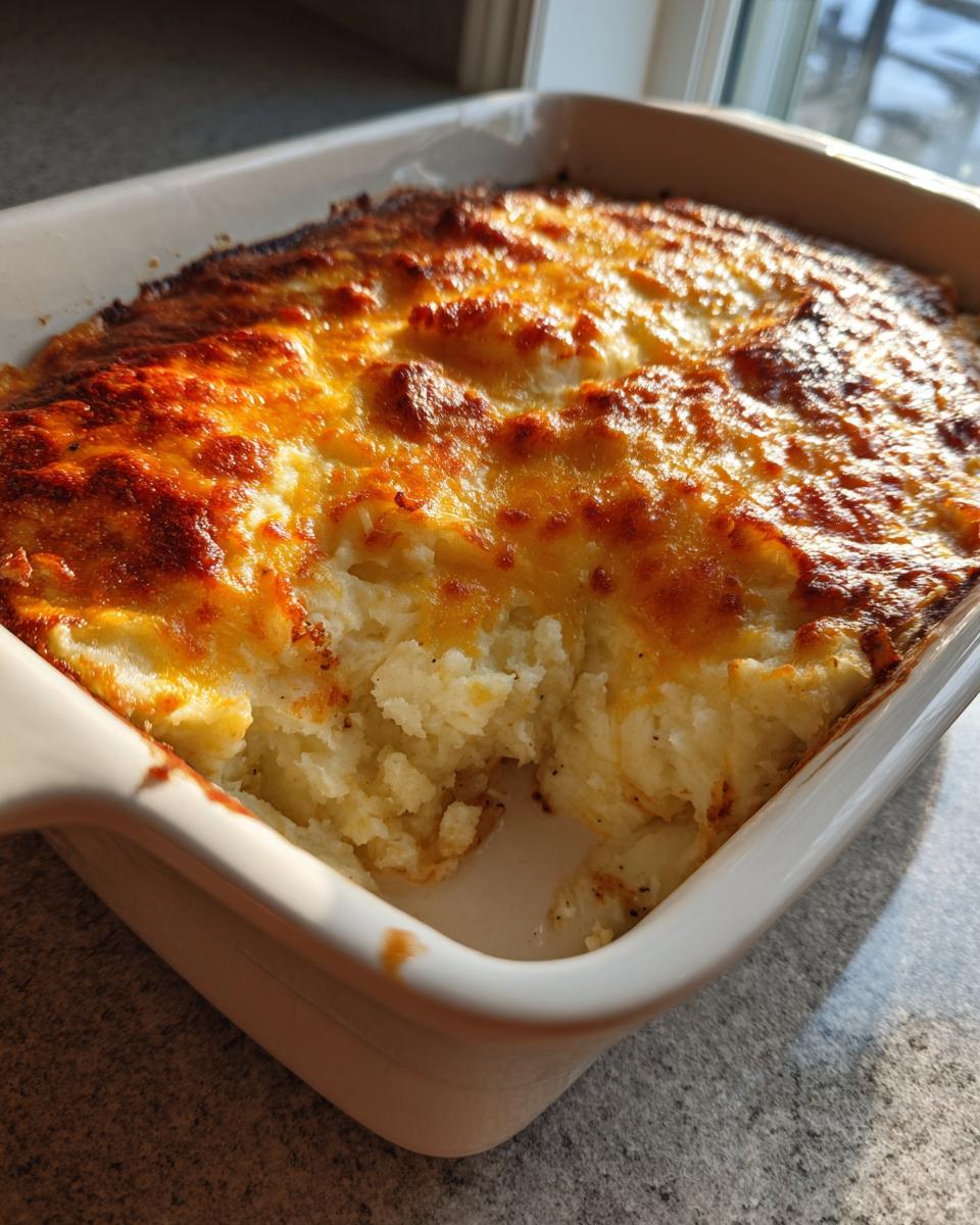 A close-up of cheesy baked mashed potatoes with a golden-brown crust in a white baking dish.