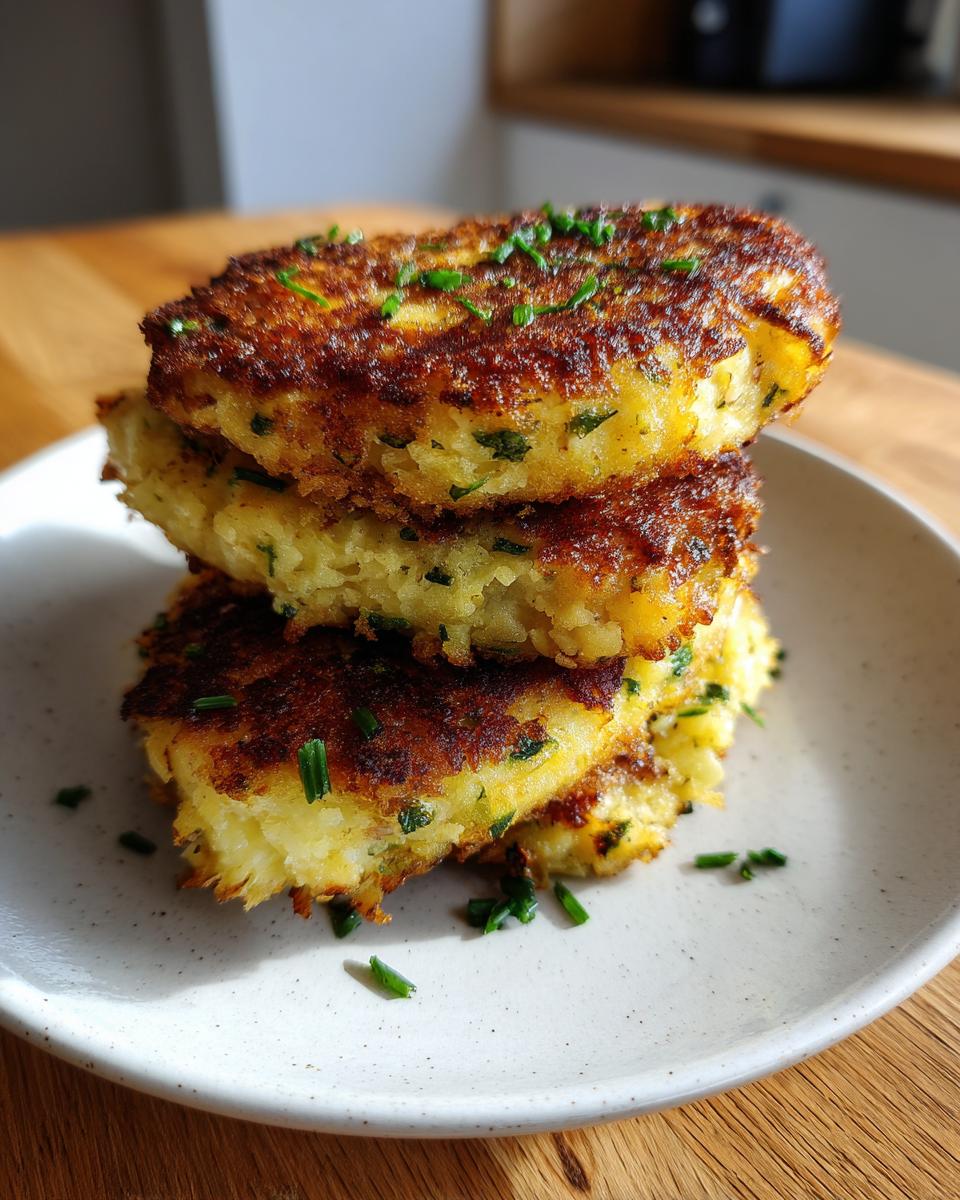 A stack of three golden brown, pan-fried mashed potato cakes garnished with fresh chopped chives.
