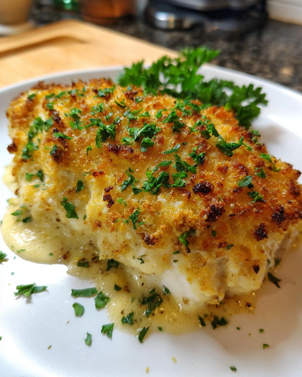 A close-up of a baked caesar chicken breast with a golden, crispy topping and creamy sauce pooling on the plate.