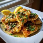 Close-up of pan-seared chicken piccata pieces covered in lemon butter sauce, capers, and fresh parsley.