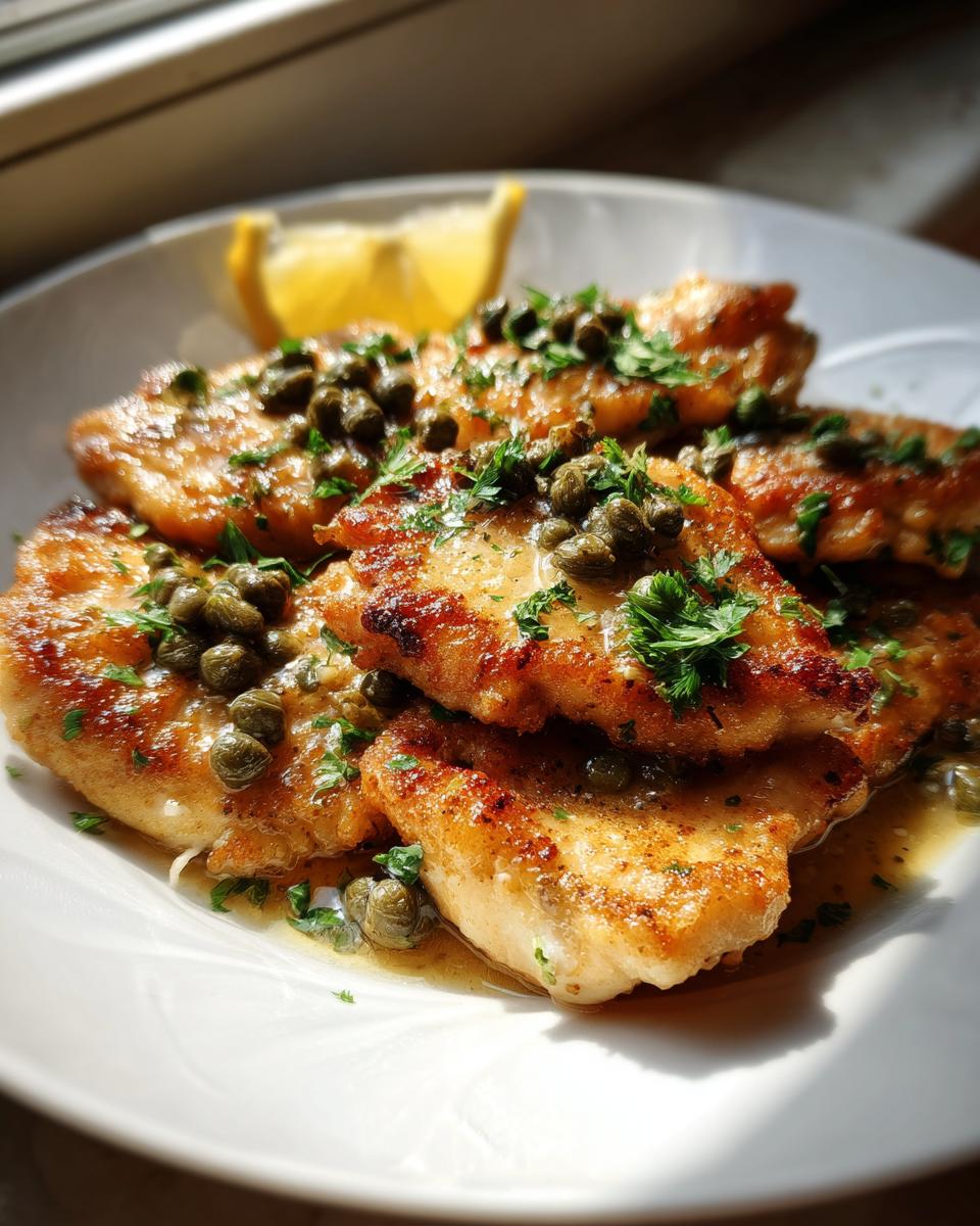 A plate of golden brown chicken piccata topped generously with capers and fresh parsley, served with a lemon wedge.