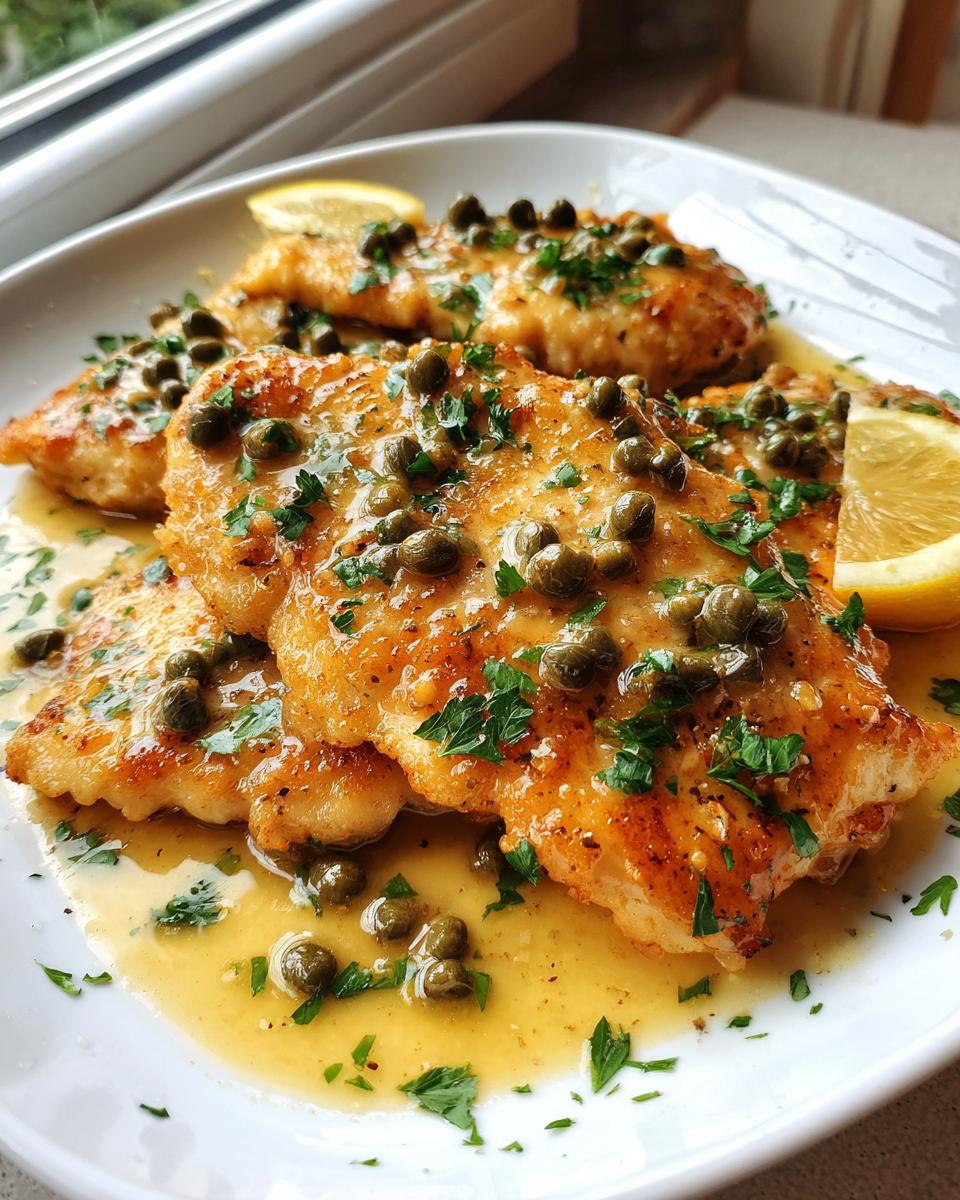 Close-up of golden pan-fried chicken piccata fillets topped generously with capers and fresh parsley in a lemon butter sauce.