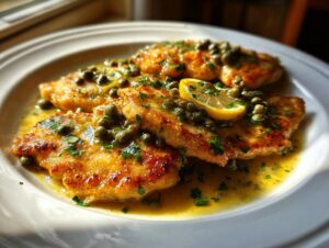 Four golden-brown chicken piccata cutlets swimming in lemon-butter sauce, topped with capers and fresh parsley.