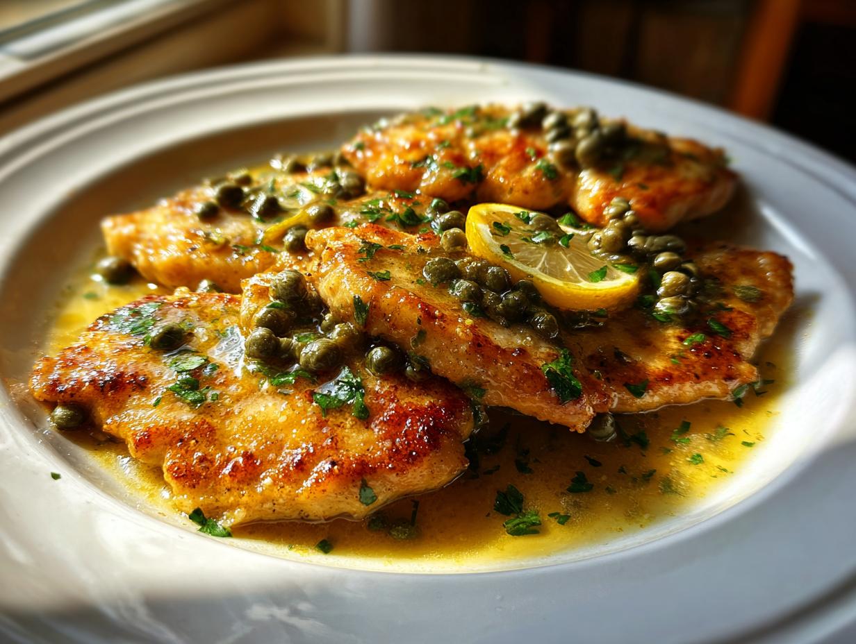 Four golden-brown chicken piccata cutlets swimming in lemon-butter sauce, topped with capers and fresh parsley.