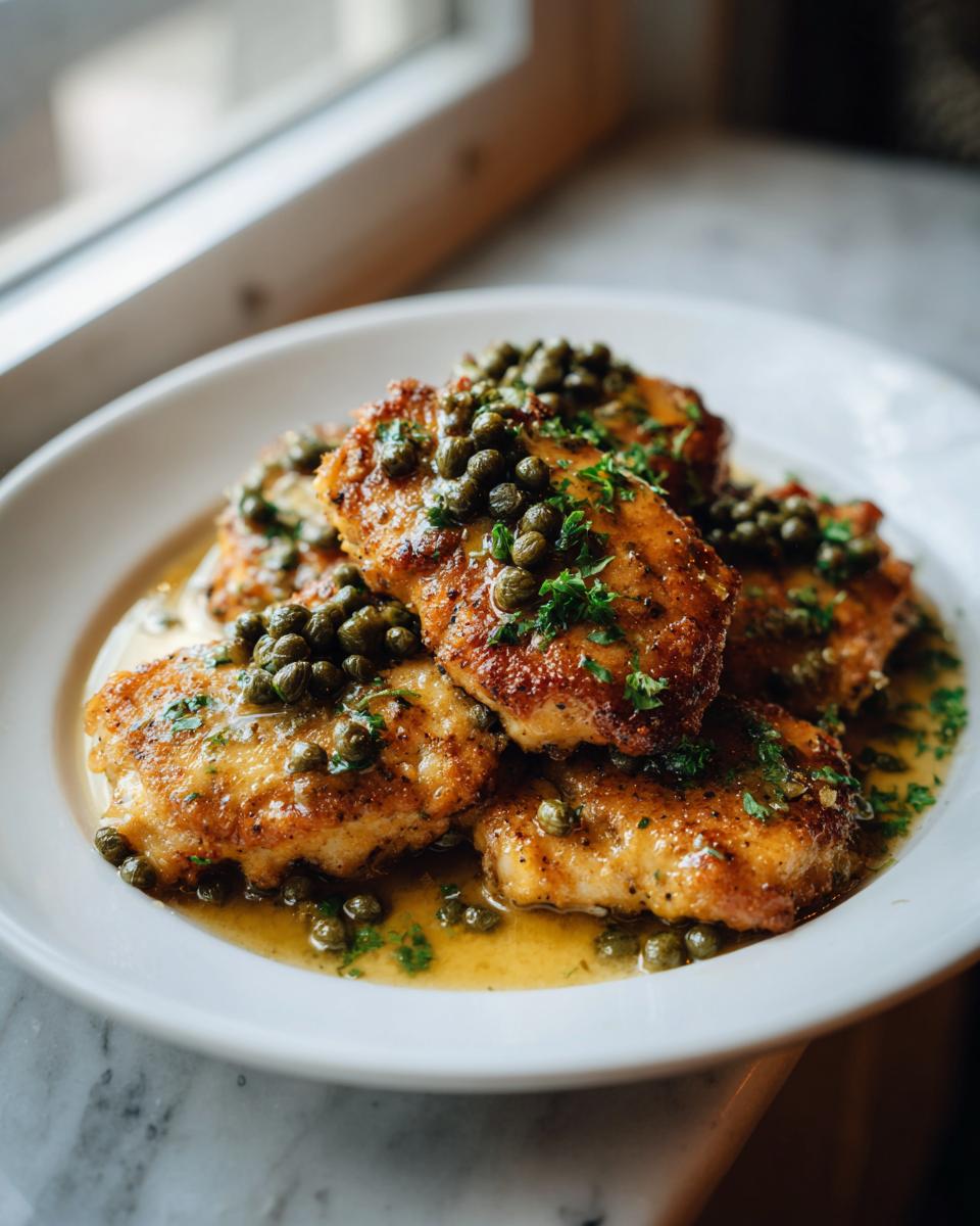 Four golden-brown pieces of chicken piccata topped generously with capers and fresh parsley in a lemon butter sauce.