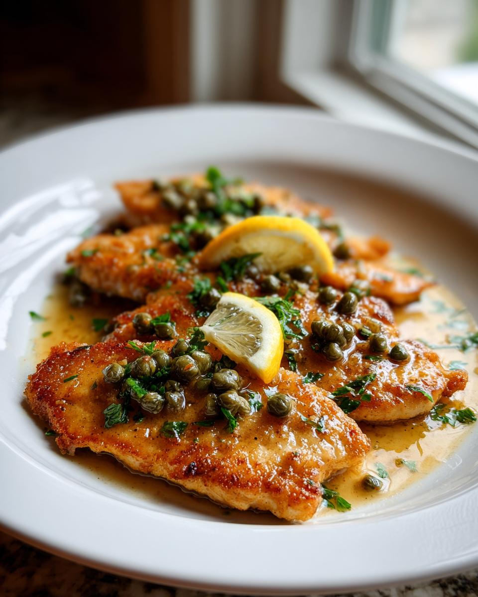 Close-up of pan-seared chicken piccata fillets covered in lemon sauce, capers, and parsley.
