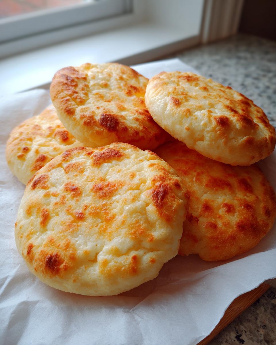 A stack of four golden brown, fluffy cloud bread rounds resting on white parchment paper near a window.