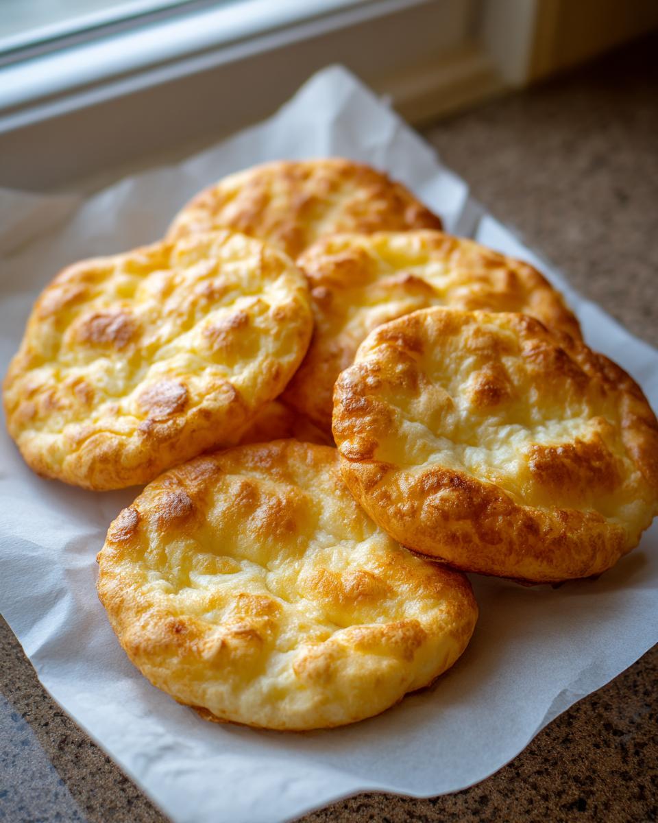 A pile of freshly baked, golden brown cloud bread rounds resting on white parchment paper.