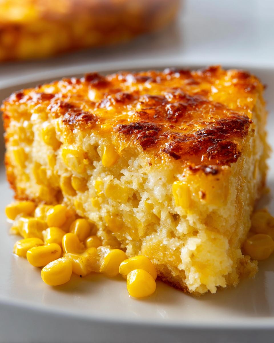 Close-up of a moist, square slice of cream cheese corn casserole with a golden, slightly browned top.
